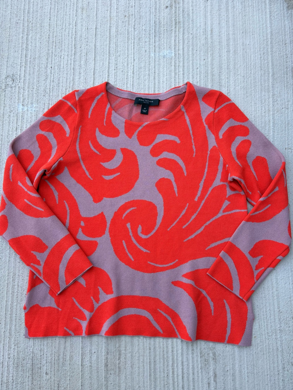 Ann Taylor Red and Lavender Abstract Crewneck Sweater